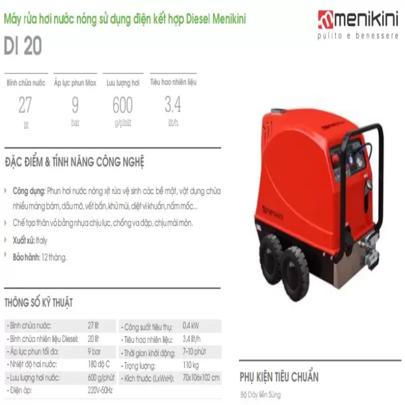 Máy rửa xe hơi nước nóng sử dụng điện kết hợp Diesel Menikini