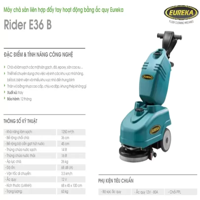 Máy chà sàn liên hợp đẩy tay hoạt động bằng ắc quy Eureka