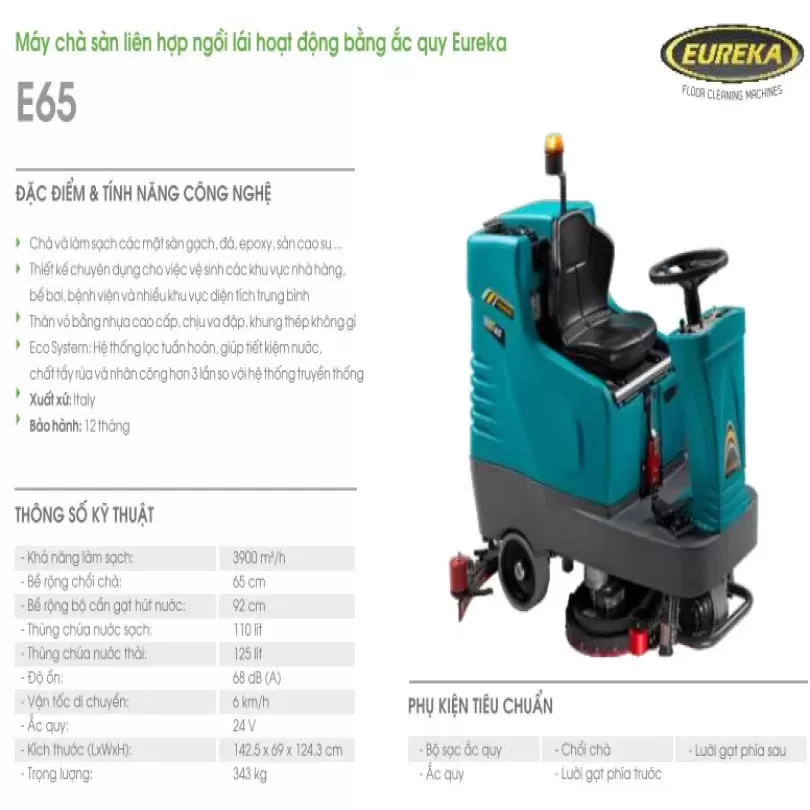 Máy chà sàn liên hợp ngồi lái hoạt động bằng ắc quy Eureka
